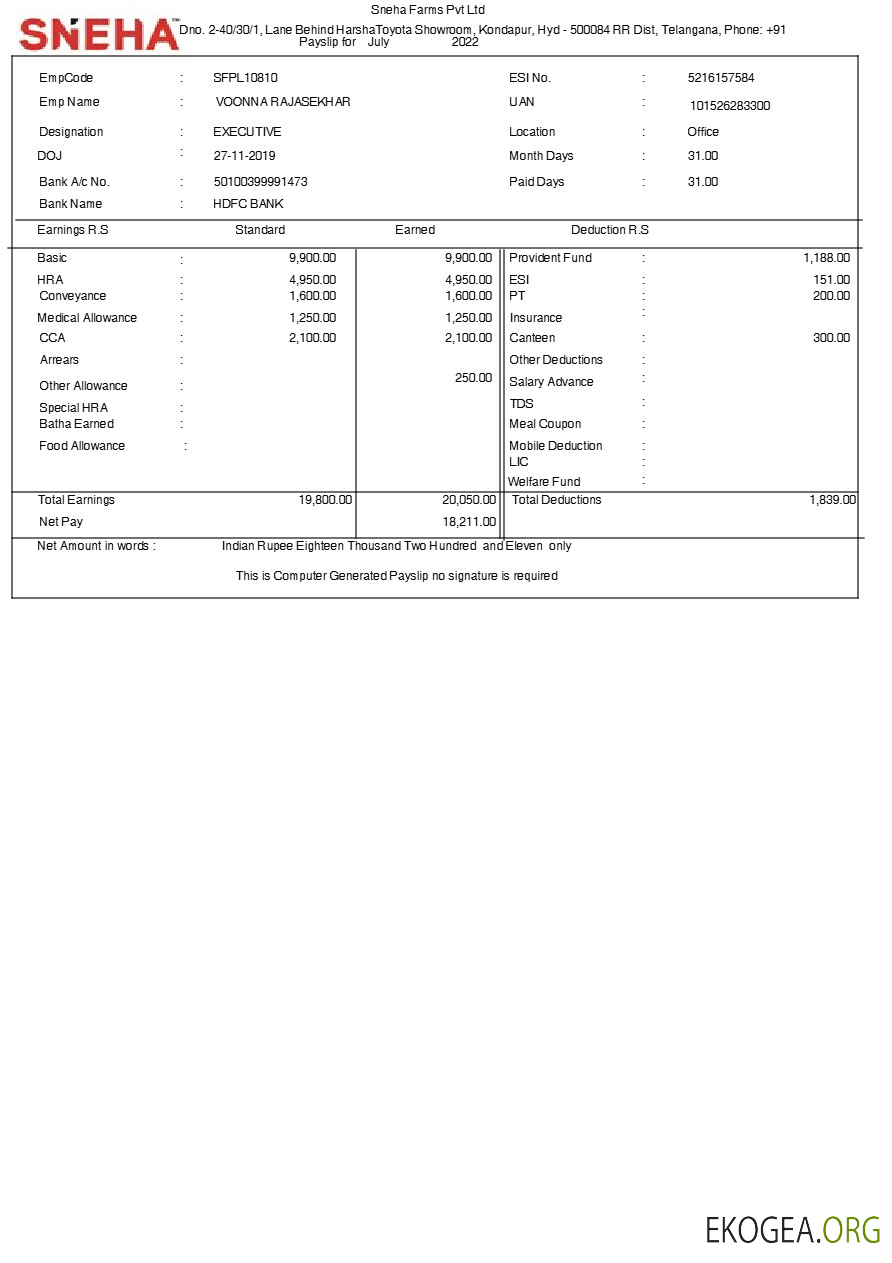 Modèle de fiche de paie de Sneha Farms aux formats Word et PDF.pdf, 1